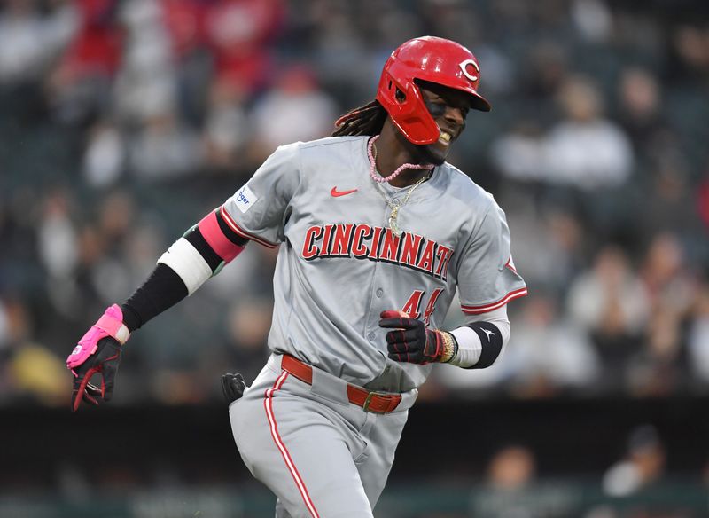 Apr 12, 2024; Chicago, Illinois, USA; Cincinnati Reds shortstop Elly De La Cruz (44) celebrates his three-run home run during the third inning against Chicago White Sox at Guaranteed Rate Field. Mandatory Credit: Patrick Gorski-USA TODAY Sports