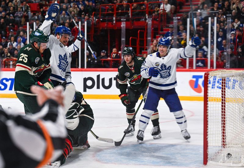 Nov 19, 2023; Stockholm, SWE; Toronto Maple Leafs center Auston Matthews (34) reacts after scoring a goal against the Minnesota Wild during a Global Series NHL hockey game at Avicii Arena. Mandatory Credit: Per Haljestam-USA TODAY Sports