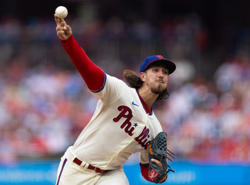 Aug 23, 2023; Philadelphia, Pennsylvania, USA; Philadelphia Phillies starting pitcher Michael Lorenzen (22) throws a pitch during the fifth inning against the San Francisco Giants at Citizens Bank Park. Mandatory Credit: Bill Streicher-USA TODAY Sports