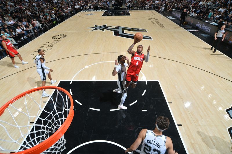 SAN ANTONIO, TX - OCTOBER 26: Jalen Green #4 of the Houston Rockets shoots the ball during the game against the San Antonio Spurs on October 26, 2024 at the Frost Bank Center in San Antonio, Texas. NOTE TO USER: User expressly acknowledges and agrees that, by downloading and or using this photograph, user is consenting to the terms and conditions of the Getty Images License Agreement. Mandatory Copyright Notice: Copyright 2024 NBAE (Photos by Michael Gonzales/NBAE via Getty Images)