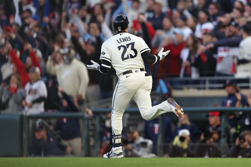 Oct 11, 2023; Minneapolis, Minnesota, USA; Minnesota Twins third baseman Royce Lewis (23) reacts after hitting a solo home-run in the first inning against the Houston Astros  during game four of the ALDS for the 2023 MLB playoffs at Target Field. Mandatory Credit: Jesse Johnson-USA TODAY Sports