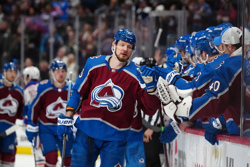 Apr 18, 2024; Denver, Colorado, USA; Colorado Avalanche right wing Valeri Nichushkin (13) celebrates his goal in the first period against the Edmonton Oilers at Ball Arena. Mandatory Credit: Ron Chenoy-USA TODAY Sports