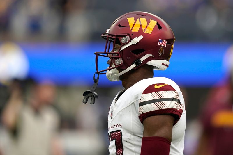 Washington Commanders wide receiver Terry McLaurin wears a Walter Payton NFL Man of the Year Award logo on the back of his helmet before an NFL football game against the Los Angeles Rams Sunday, Dec. 17, 2023, in Los Angeles. (AP Photo/Ryan Sun)