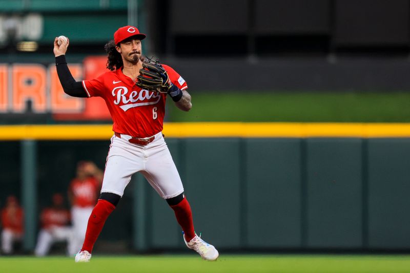 May 25, 2024; Cincinnati, Ohio, USA; Cincinnati Reds second baseman Jonathan India (6) throws to first to get Los Angeles Dodgers second baseman Gavin Lux (not pictured) out in the fourth inning at Great American Ball Park. Mandatory Credit: Katie Stratman-USA TODAY Sports
