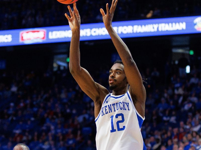 Dec 31, 2022; Lexington, Kentucky, USA; Kentucky Wildcats guard Antonio Reeves (12) shoots the ball during the second half against the Louisville Cardinals at Rupp Arena at Central Bank Center. Mandatory Credit: Jordan Prather-USA TODAY Sports