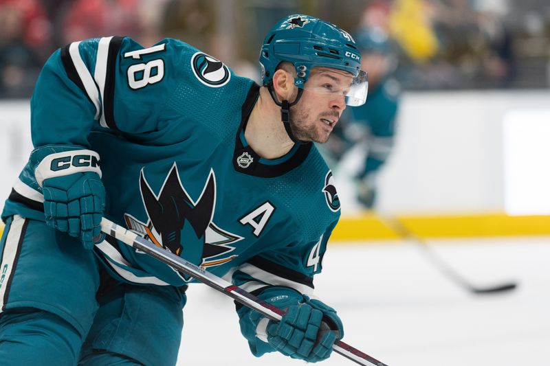 Jan 2, 2024; San Jose, California, USA; San Jose Sharks center Tomas Hertl (48) during the second period against the Detroit Red Wings at SAP Center at San Jose. Mandatory Credit: Stan Szeto-USA TODAY Sports