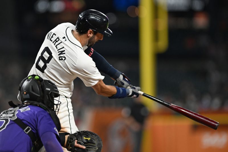 Sep 10, 2024; Detroit, Michigan, USA; Detroit Tigers right fielder Matt Vierling (8) hits a RBI single against the Detroit Tigers in the sixth inning at Comerica Park. Mandatory Credit: Lon Horwedel-Imagn Images