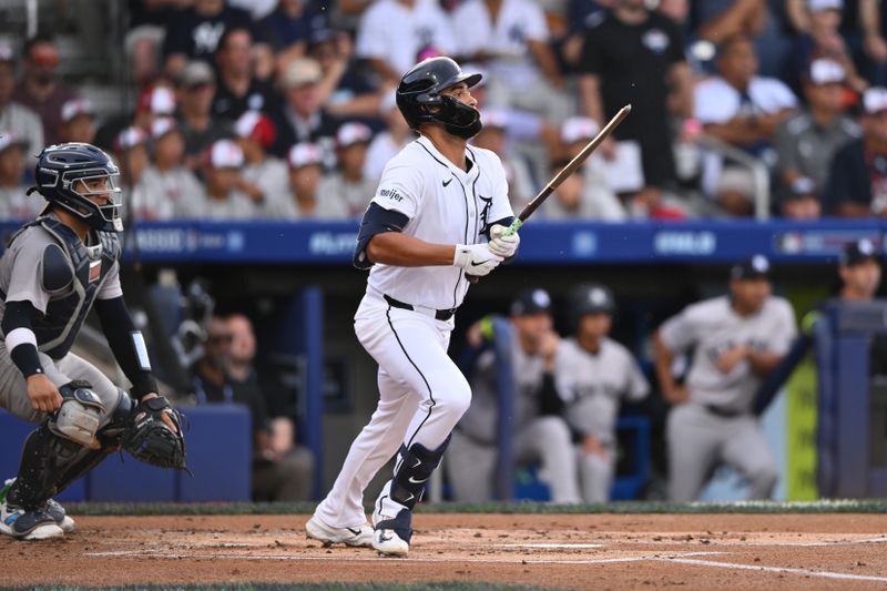 Aug 18, 2024; Williamsport, Pennsylvania, USA; Detroit Tigers outfielder Riley Greene (31) breaks his bat against the New York Yankees in the first inning at BB&T Ballpark at Historic Bowman Field. Mandatory Credit: Kyle Ross-USA TODAY Sports