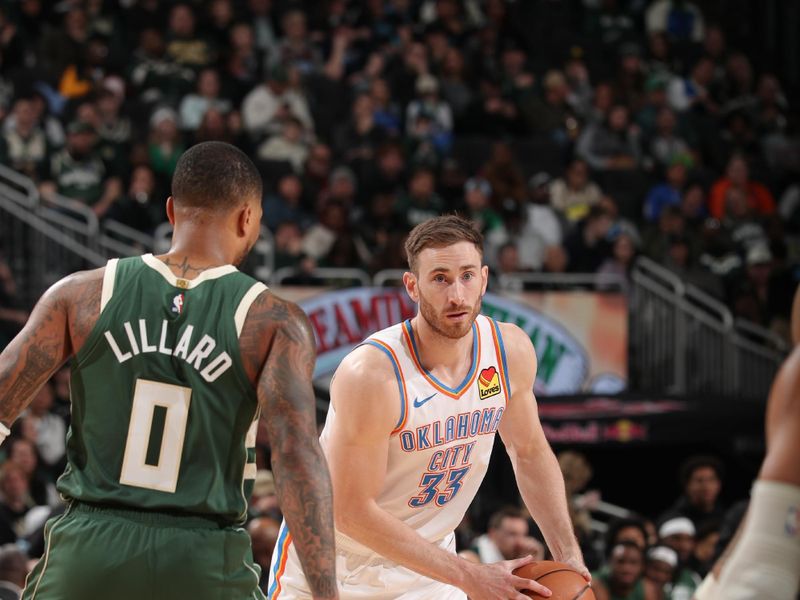 MILWAUKEE, WI - MARCH 24: Gordon Hayward #33 of the Oklahoma City Thunder handles the ball during the game against the Milwaukee Bucks on March 24, 2024 at the Fiserv Forum Center in Milwaukee, Wisconsin. NOTE TO USER: User expressly acknowledges and agrees that, by downloading and or using this Photograph, user is consenting to the terms and conditions of the Getty Images License Agreement. Mandatory Copyright Notice: Copyright 2024 NBAE (Photo by Gary Dineen/NBAE via Getty Images).