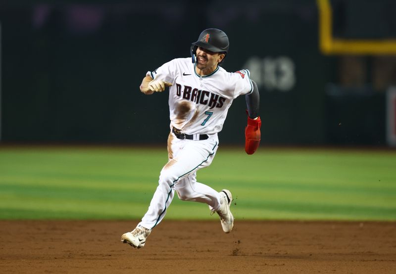 Aug 27, 2023; Phoenix, Arizona, USA; Arizona Diamondbacks outfielder Corbin Carroll runs the bases in the third inning against the Cincinnati Reds at Chase Field. Mandatory Credit: Mark J. Rebilas-USA TODAY Sports