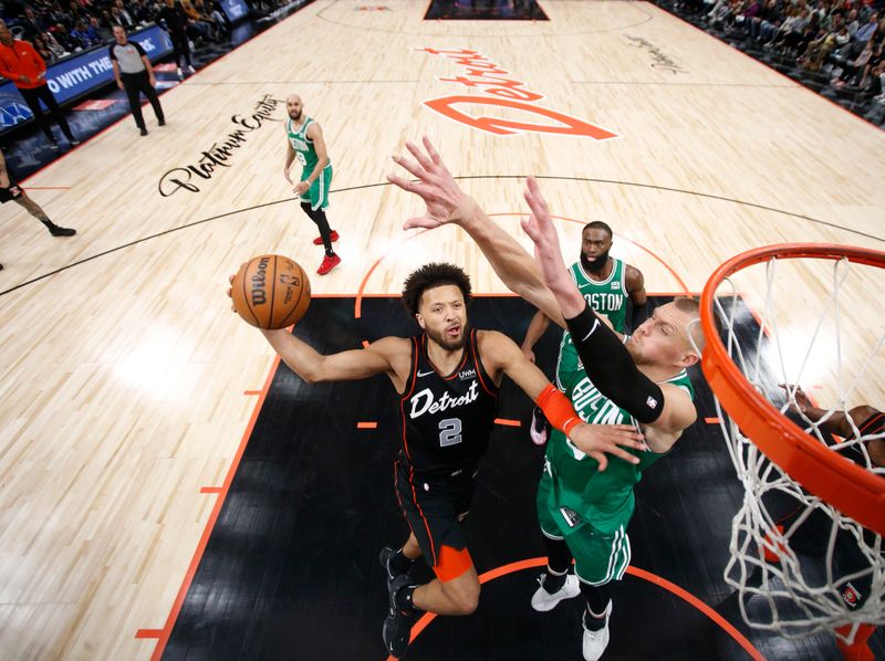 DETROIT, MI - MARCH 22: Cade Cunningham #2 of the Detroit Pistons drives to the basket during the game against the Boston Celtics on March 22, 2024 at Little Caesars Arena in Detroit, Michigan. NOTE TO USER: User expressly acknowledges and agrees that, by downloading and/or using this photograph, User is consenting to the terms and conditions of the Getty Images License Agreement. Mandatory Copyright Notice: Copyright 2024 NBAE (Photo by Brian Sevald/NBAE via Getty Images)