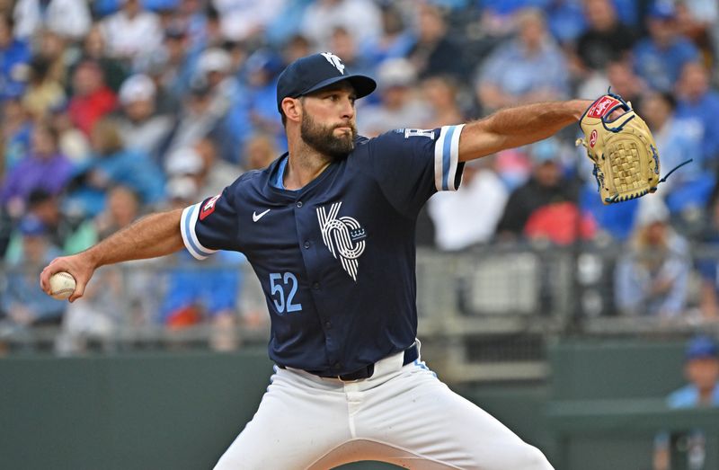 May 31, 2024; Kansas City, Missouri, USA;  Kansas City Royals starting pitcher Michael Wacha (52) delivers a pitch in the first inning against the San Diego Padres at Kauffman Stadium. Mandatory Credit: Peter Aiken-USA TODAY Sports