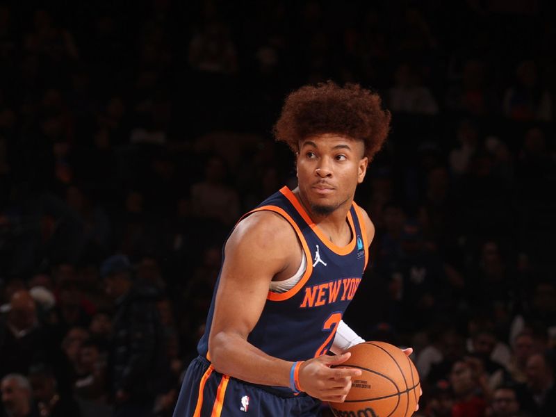 NEW YORK, NY - FEBRUARY 27:  Miles McBride #2 of the New York Knicks handles the ball during the game  on February 27, 2024 at Madison Square Garden in New York City, New York.  NOTE TO USER: User expressly acknowledges and agrees that, by downloading and or using this photograph, User is consenting to the terms and conditions of the Getty Images License Agreement. Mandatory Copyright Notice: Copyright 2024 NBAE  (Photo by Nathaniel S. Butler/NBAE via Getty Images)