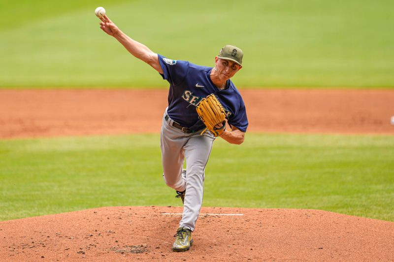 May 21, 2023; Cumberland, Georgia, USA; Seattle Mariners starting pitcher George Kirby (68) pitches against the Atlanta Braves during the first inning at Truist Park. Mandatory Credit: Dale Zanine-USA TODAY Sports