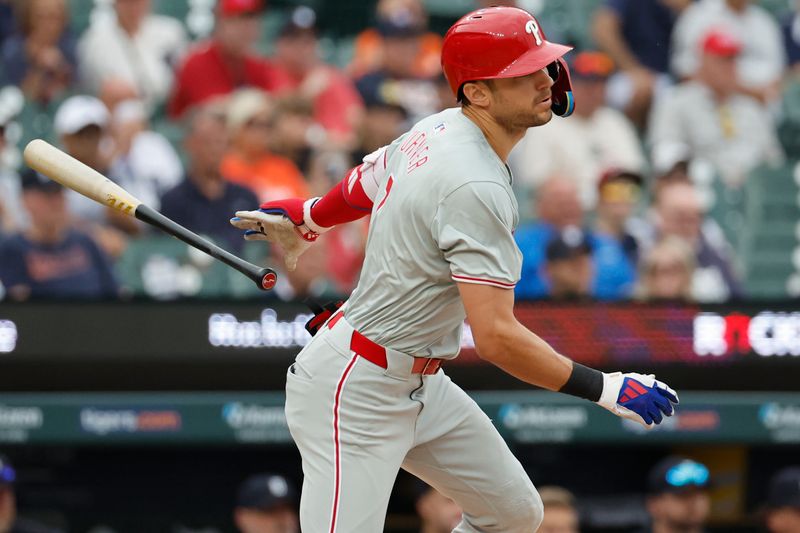 Jun 26, 2024; Detroit, Michigan, USA;  Philadelphia Phillies shortstop Trea Turner (7) hits a single against the Detroit Tigers in the first inning at Comerica Park. Mandatory Credit: Rick Osentoski-USA TODAY Sports