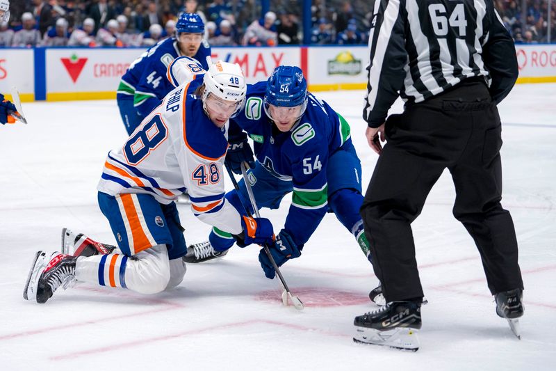 Oct 4, 2024; Vancouver, British Columbia, CAN;  Edmonton Oilers forward Noah Philp (48) faces off against Vancouver Canucks forward Aatu Raty (54) during the third period at Rogers Arena. Mandatory Credit: Bob Frid-Imagn Images