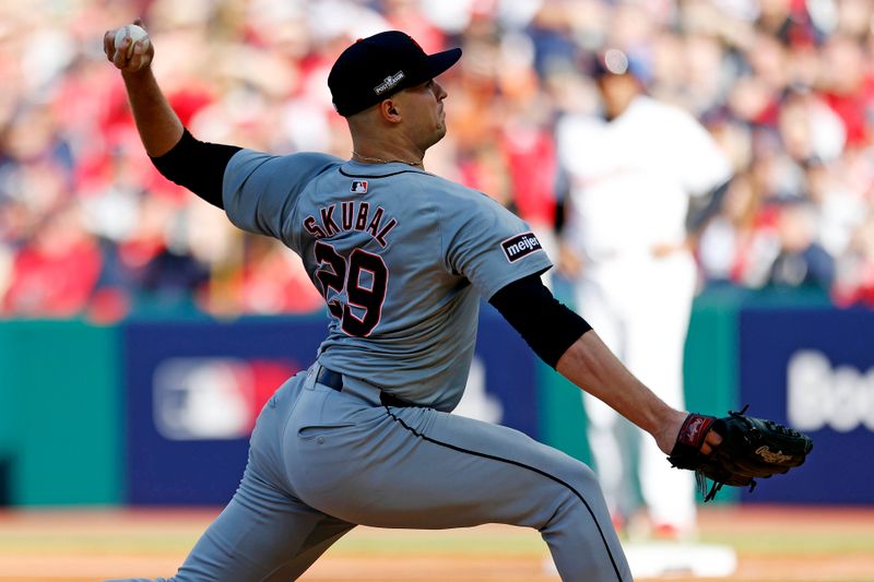 Oct 7, 2024; Cleveland, Ohio, USA; Detroit Tigers pitcher Tarik Skubal (29) pitches during the first inning against the Cleveland Guardians during game two of the ALDS for the 2024 MLB Playoffs at Progressive Field. Mandatory Credit: Scott Galvin-Imagn Images