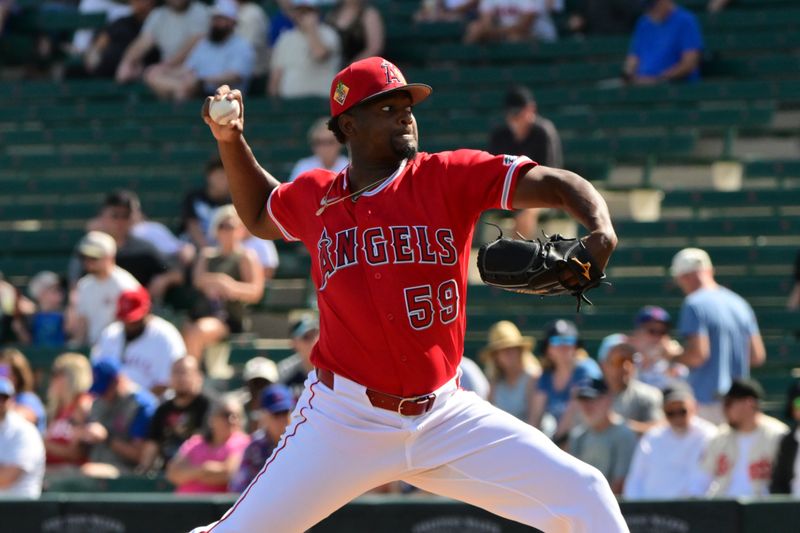 Feb 26, 2026; Tempe, Arizona, USA; Los Angeles Angels pitcher Jose Soriano (59) throws a pitch in the first inning against the Chicago Cubs at Tempe Diablo Stadium. Mandatory Credit: Matt Kartozian-Imagn Images