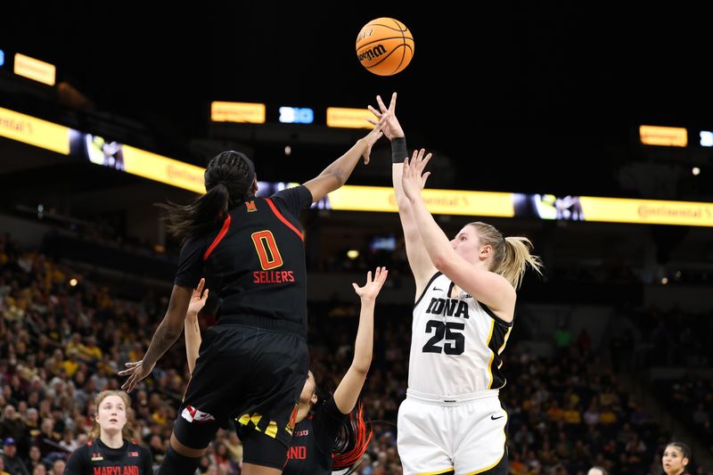 Mar 4, 2023; Minneapolis, MINN, USA; Iowa Hawkeyes forward Monika Czinano (25) shoots while Maryland Terrapins guard Shyanne Sellers (0) defends during the first half at Target Center. Mandatory Credit: Matt Krohn-USA TODAY Sports