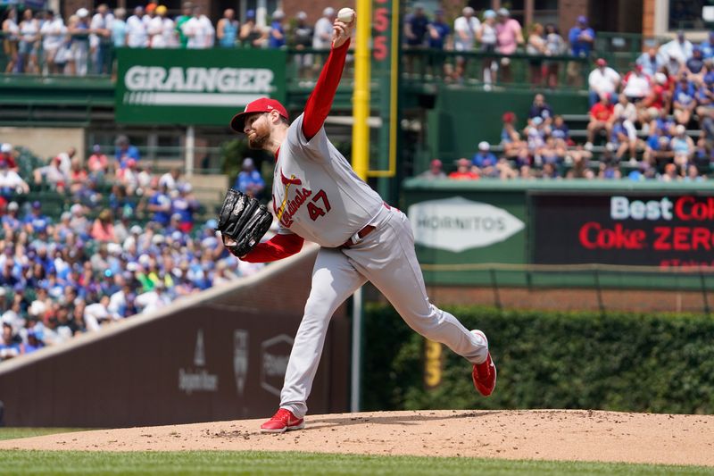 Jul 23, 2023; Chicago, Illinois, USA; St. Louis Cardinals starting pitcher Jordan Montgomery (47) throws the ball against the Chicago Cubs during the first inning at Wrigley Field. Mandatory Credit: David Banks-USA TODAY Sports