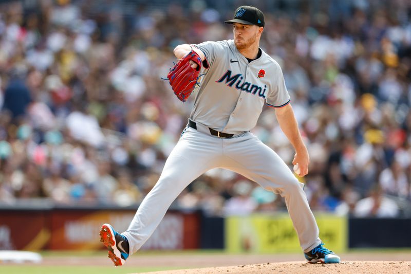 May 27, 2024; San Diego, California, USA; Miami Marlins starting pitcher Trevor Rogers (28) throws a pitch during the first inning against the San Diego Padres at Petco Park. Mandatory Credit: David Frerker-USA TODAY Sports