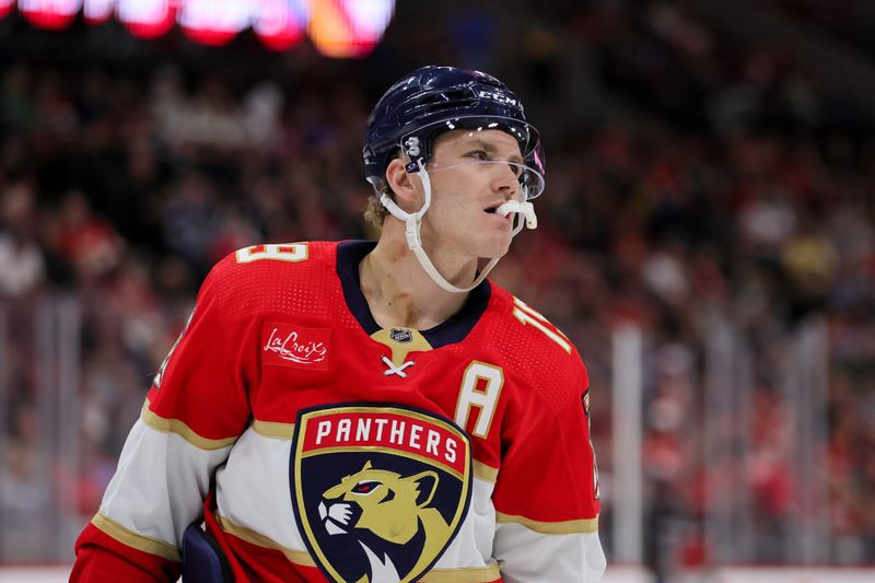 Feb 29, 2024; Sunrise, Florida, USA; Florida Panthers left wing Matthew Tkachuk (19) looks on against the Montreal Canadiens during the first period at Amerant Bank Arena. Mandatory Credit: Sam Navarro-USA TODAY Sports