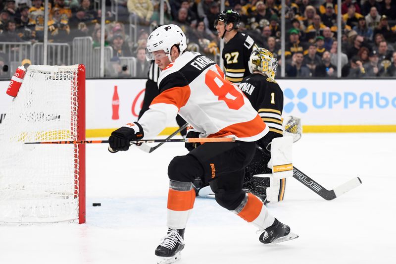 Mar 16, 2024; Boston, Massachusetts, USA; Philadelphia Flyers left wing Joel Farabee (86) reacts after scoring a goal during the second period against the Boston Bruins at TD Garden. Mandatory Credit: Bob DeChiara-USA TODAY Sports