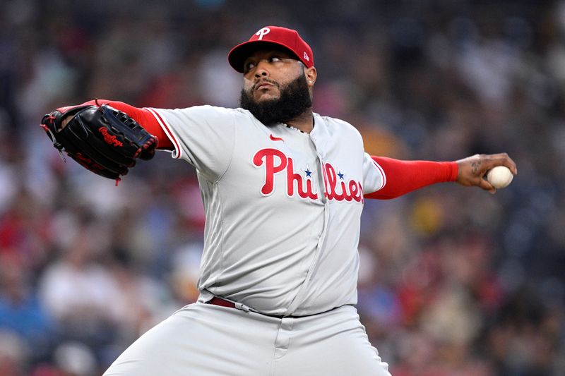 Sep 4, 2023; San Diego, California, USA; Philadelphia Phillies relief pitcher Jose Alvarado (46) throws a pitch against the San Diego Padres during the ninth inning at Petco Park. Mandatory Credit: Orlando Ramirez-USA TODAY Sports