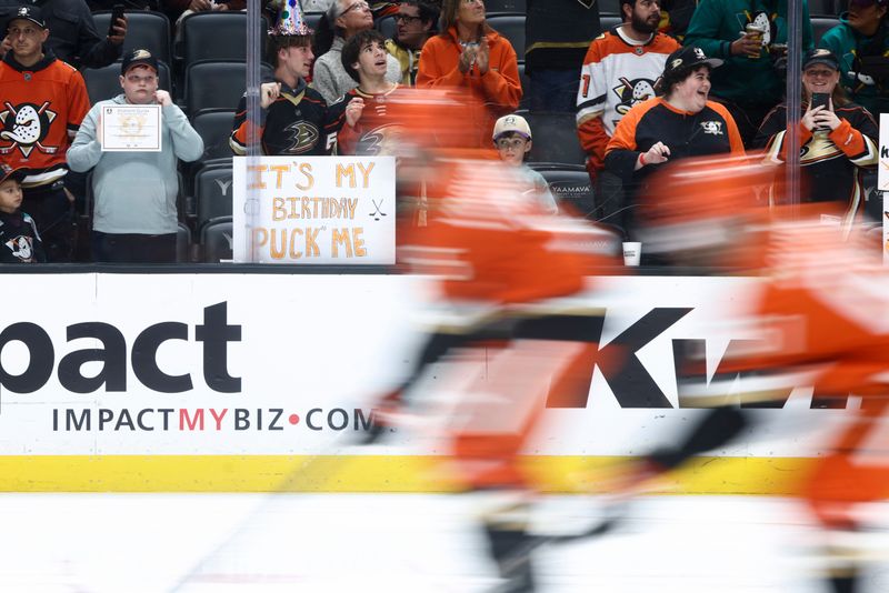 Nov 13, 2024; Anaheim, California, USA; A sign made by an Anaheim Ducks fan is seen during warmups before a hockey game against the Vegas Golden Knights at Honda Center. Mandatory Credit: Jessica Alcheh-Imagn Images