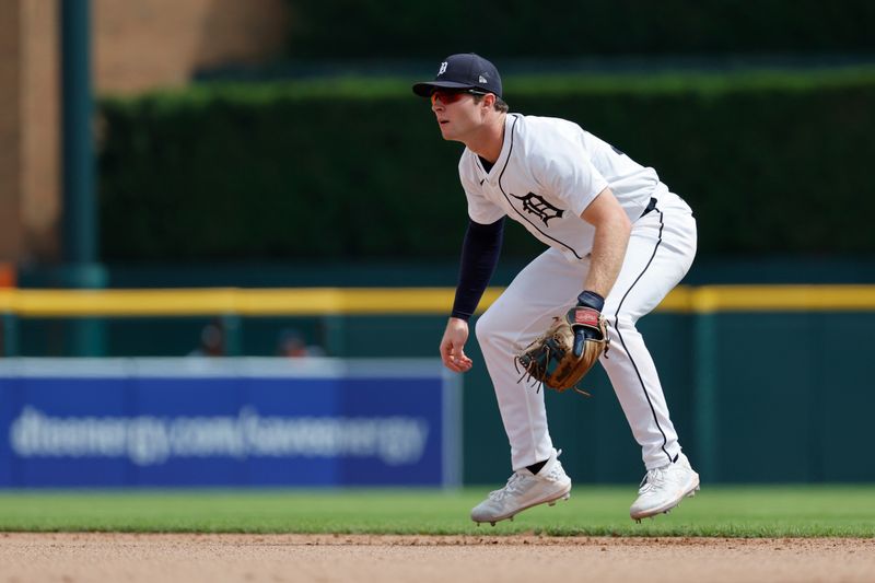 Aug 15, 2024; Detroit, Michigan, USA;  Detroit Tigers second baseman Colt Keith (33) in the field in the eighth inning against the Seattle Mariners at Comerica Park. Mandatory Credit: Rick Osentoski-USA TODAY Sports