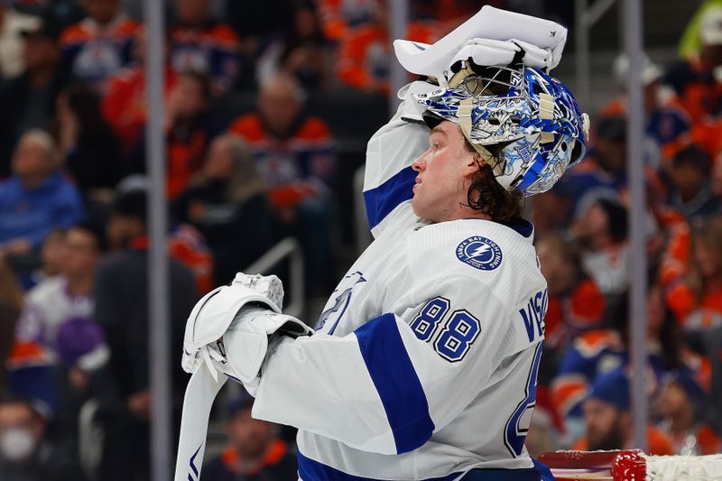 Dec 14, 2023; Edmonton, Alberta, CAN; Tampa Bay Lightning goaltender Andrei Vasilevskiy (88) waits for play to begin against the Edmonton Oilers at Rogers Place. Mandatory Credit: Perry Nelson-USA TODAY Sports