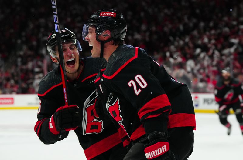 Apr 22, 2024; Raleigh, North Carolina, USA; Carolina Hurricanes center Sebastian Aho (20) celebrates his goal with defenseman Brady Skjei (76) against the New York Islanders during the third period in game two of the first round of the 2024 Stanley Cup Playoffs at PNC Arena. Mandatory Credit: James Guillory-USA TODAY Sports