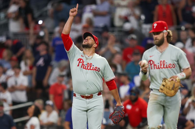 Aug 21, 2024; Atlanta, Georgia, USA; Philadelphia Phillies relief pitcher Carlos Estevez (53) reacts after a victory over the Atlanta Braves at Truist Park. Mandatory Credit: Brett Davis-USA TODAY Sports