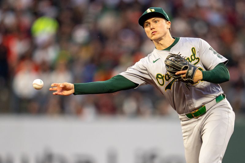 Jul 30, 2024; San Francisco, California, USA;  Oakland Athletics second baseman Zack Gelof (20) throws out San Francisco Giants center fielder Heliot Ramos (not pictured) during the fourth inning at Oracle Park. Mandatory Credit: Neville E. Guard-USA TODAY Sports