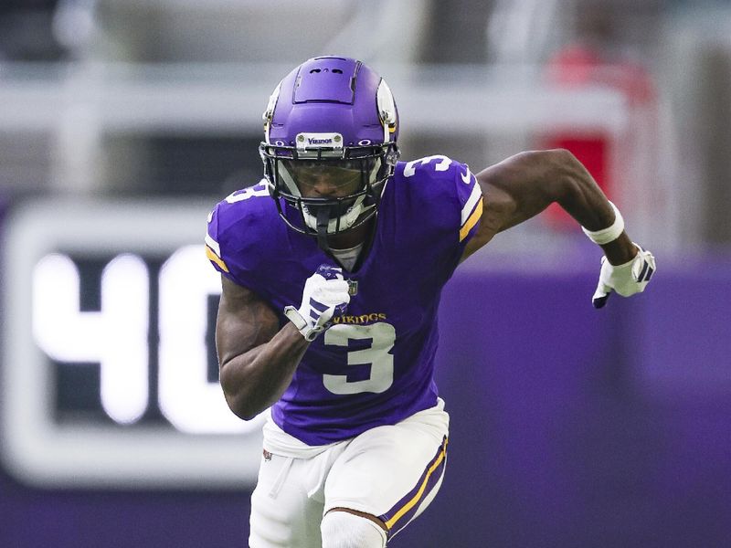 Minnesota Vikings wide receiver Jordan Addison (3) in action during the second half of an NFL football game against the Los Angeles Chargers, Sunday, Sept.24, 2023 in Minneapolis. (AP Photo/Stacy Bengs)