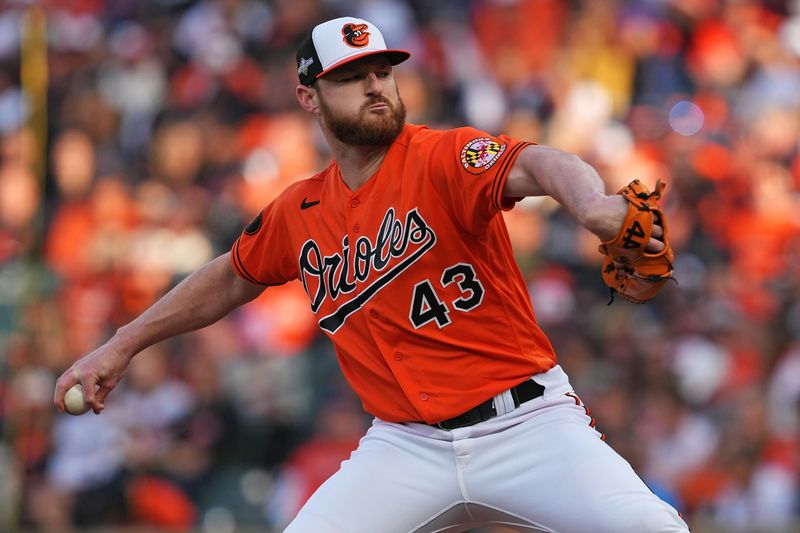 Oct 8, 2023; Baltimore, Maryland, USA; Baltimore Orioles relief pitcher Bryan Baker (43) pitches during the third inning against the Texas Rangers during game two of the ALDS for the 2023 MLB playoffs at Oriole Park at Camden Yards. Mandatory Credit: Mitch Stringer-USA TODAY Sports