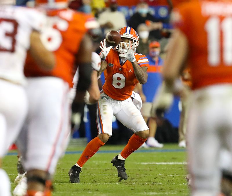 Nov 14, 2020; Gainesville, FL, USA;  Florida Gators receiver Trevon Grimes (8) catches a pass during a football game against Arkansas at Ben Hill Griffin Stadium. Mandatory Credit: Brad McClenny-USA TODAY NETWORK