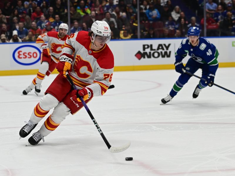 Mar 23, 2024; Vancouver, British Columbia, CAN; Calgary Flames forward Martin Pospisil (76) skates with the puck against the Vancouver Canucks during the first period at Rogers Arena. Mandatory Credit: Simon Fearn-USA TODAY Sports