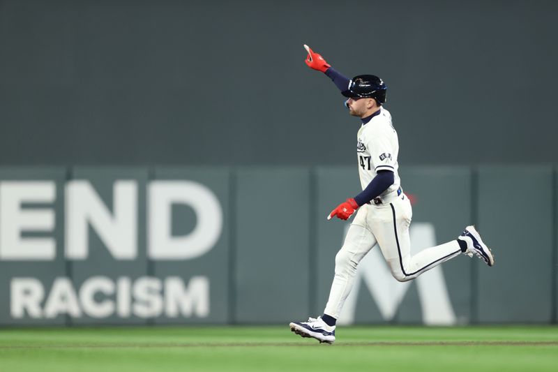 Oct 11, 2023; Minneapolis, Minnesota, USA; Minnesota Twins second baseman Edouard Julien (47) celebrates after  hitting a solo home-run in the sixth inning against the Houston Astros during game four of the ALDS for the 2023 MLB playoffs at Target Field. Mandatory Credit: Jesse Johnson-USA TODAY Sports