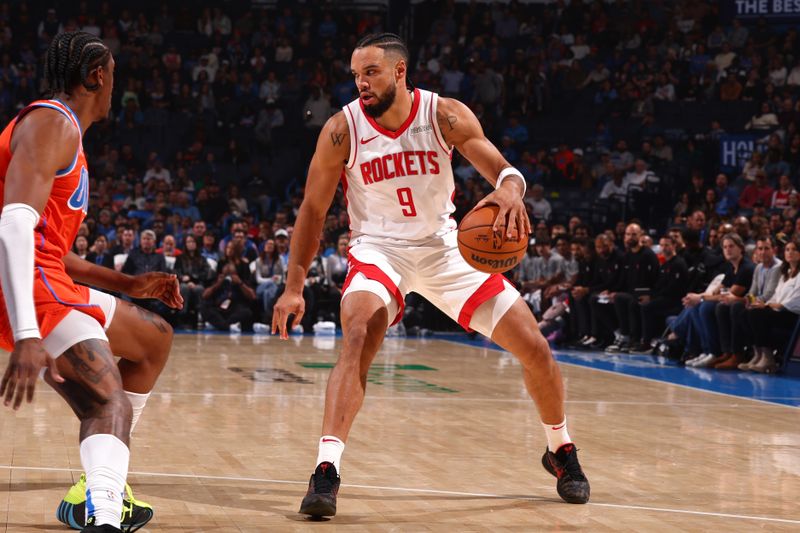 OKLAHOMA CITY, OK - NOVEMBER 8: Dillon Brooks #9 of the Houston Rockets dribbles the ball during the game against the Oklahoma City Thunder on November 8, 2024 at Paycom Center in Oklahoma City, Oklahoma. NOTE TO USER: User expressly acknowledges and agrees that, by downloading and or using this photograph, User is consenting to the terms and conditions of the Getty Images License Agreement. Mandatory Copyright Notice: Copyright 2024 NBAE (Photo by Zach Beeker/NBAE via Getty Images)