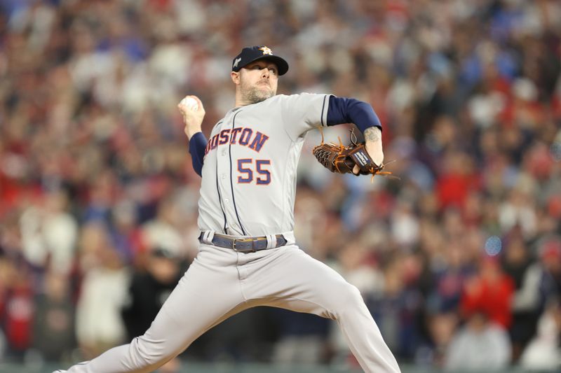 Oct 11, 2023; Minneapolis, Minnesota, USA; Houston Astros relief pitcher Ryan Pressly (55) pitches in the in the ninth inning against the Minnesota Twins during game four of the ALDS for the 2023 MLB playoffs at Target Field. Mandatory Credit: Jesse Johnson-USA TODAY Sports