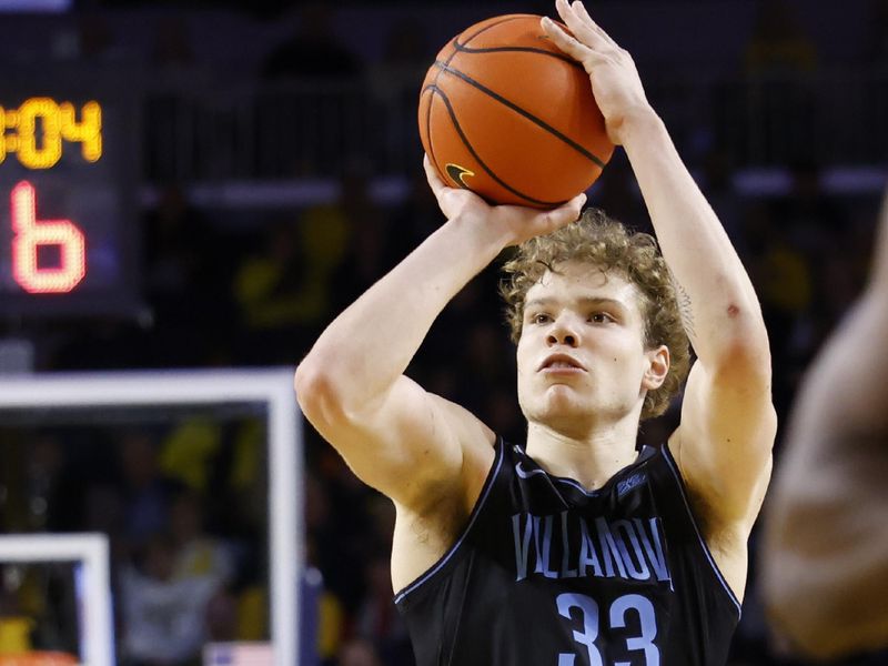 Dec 9, 2025; Ann Arbor, Michigan, USA;  Villanova Wildcats forward Matt Hodge (33) shoots in the second half against the Michigan Wolverines at Crisler Center. Mandatory Credit: Rick Osentoski-Imagn Images