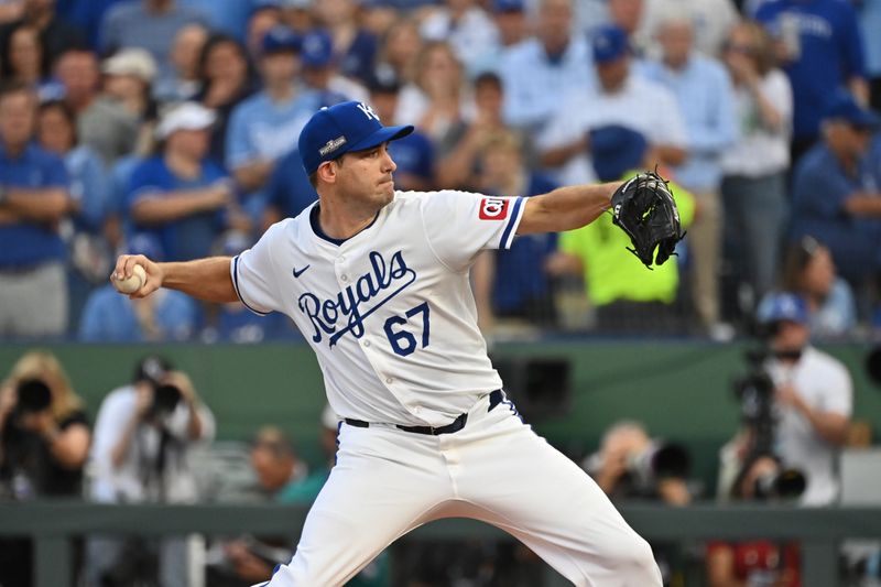 Oct 9, 2024; Kansas City, Missouri, USA; Kansas City Royals pitcher Seth Lugo (67) pitches in the first inning  against the New York Yankees during game three of the NLDS for the 2024 MLB Playoffs at Kauffman Stadium. Mandatory Credit: Peter Aiken-Imagn Images