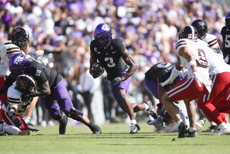 Oct 26, 2024; Fort Worth, Texas, USA;  TCU Horned Frogs wide receiver Savion Williams (3) runs for a touchdown against the Texas Tech Red Raiders in the first quarter at Amon G. Carter Stadium. Mandatory Credit: Tim Heitman-Imagn Images