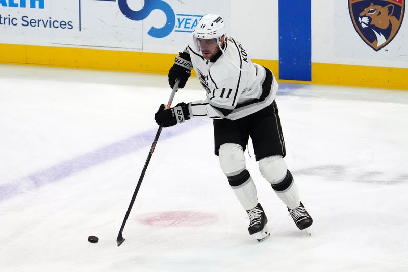 Jan 11, 2024; Sunrise, Florida, USA; Los Angeles Kings center Anze Kopitar (11) warms up prior to the game against the Florida Panthers at Amerant Bank Arena. Mandatory Credit: Jasen Vinlove-USA TODAY Sports