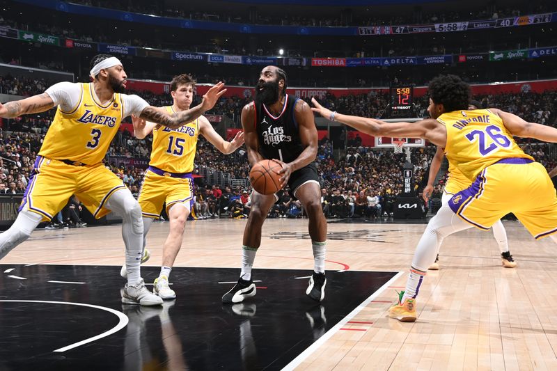 LOS ANGELES, CA - FEBRUARY 28: James Harden #1 of the LA Clippers handles the ball during the game against the Los Angeles Lakers on February 28, 2024 at Crypto.Com Arena in Los Angeles, California. NOTE TO USER: User expressly acknowledges and agrees that, by downloading and/or using this Photograph, user is consenting to the terms and conditions of the Getty Images License Agreement. Mandatory Copyright Notice: Copyright 2024 NBAE (Photo by Andrew D. Bernstein/NBAE via Getty Images)