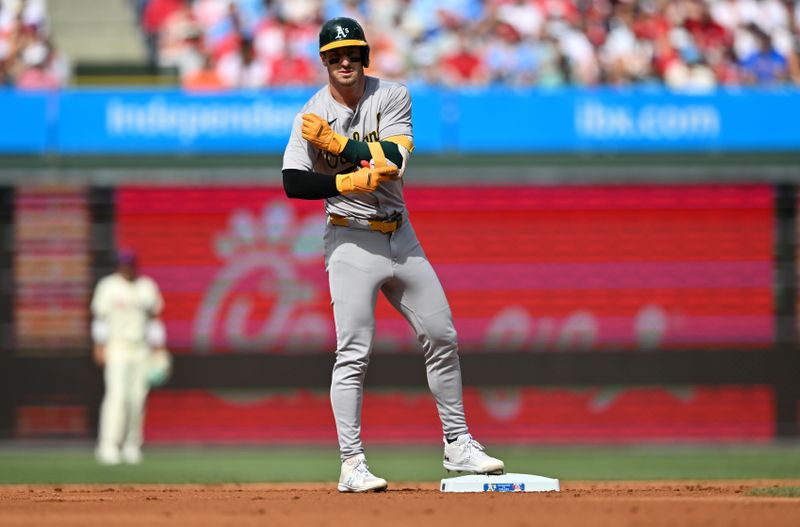 Jul 13, 2024; Philadelphia, Pennsylvania, USA; Oakland Athletics outfielder Brent Rooker (25) looks on after hitting a double against the Philadelphia Phillies in the second inning at Citizens Bank Park. Mandatory Credit: Kyle Ross-USA TODAY Sports