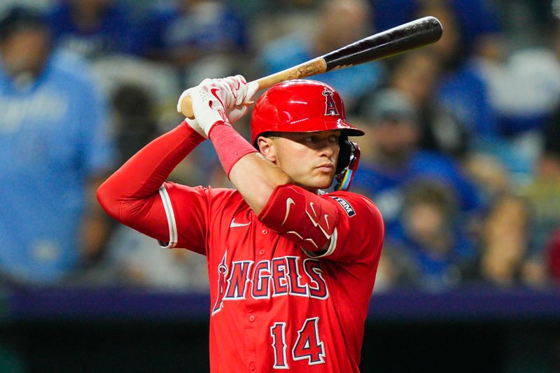 Sep 4, 2025; Kansas City, Missouri, USA; Los Angeles Angels catcher Logan O'Hoppe (14) bats during the seventh inning against the Kansas City Royals at Kauffman Stadium. Mandatory Credit: Jay Biggerstaff-Imagn Images