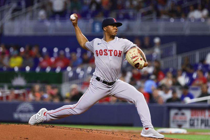 Jul 3, 2024; Miami, Florida, USA; Boston Red Sox starting pitcher Brayan Bello (66) delivers a pitch against the Miami Marlins during the first inning at loanDepot Park. Mandatory Credit: Sam Navarro-USA TODAY Sports