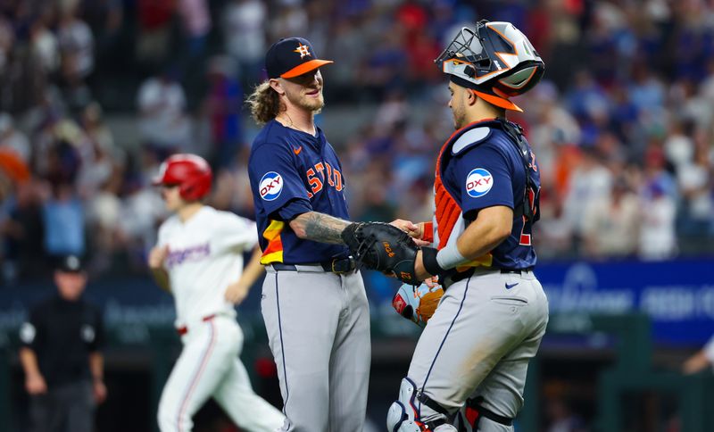 Aug 6, 2024; Arlington, Texas, USA; Houston Astros relief pitcher Josh Hader (71) celebrates with Houston Astros catcher Yainer Diaz (21) after the game against the Texas Rangers at Globe Life Field. Mandatory Credit: Kevin Jairaj-USA TODAY Sports